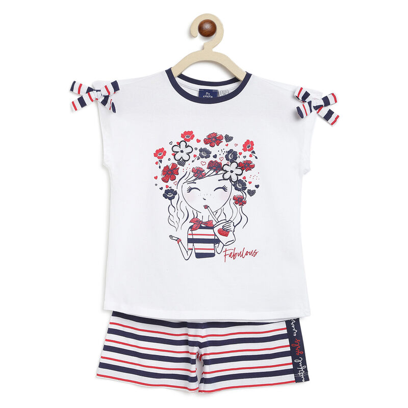 Girls Red Striped 2 Pc Set T-shirt with Short Trouser image number null